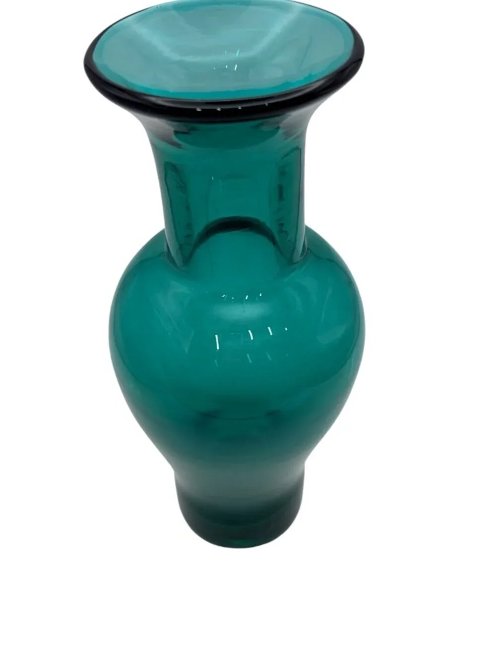 Vintage Emerald Teal Art Glass Vase Hand Blown Mid Century Modern 9”